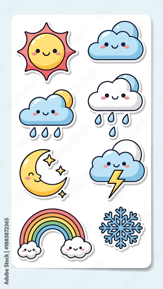 Naklejka premium A vibrant collection of cartoon weather elements including sun, clouds, and rainbow, depicted on a white background, viewed from a straightforward perspective.