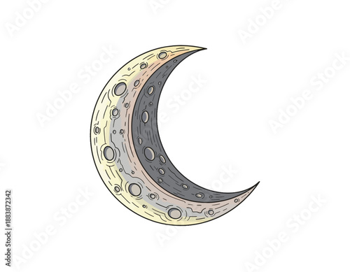 Crescent moon with craters, celestial body illustration with textured surface, symbolic of night sky and cosmic exploration