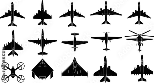Collection of Military and Commercial Aircraft Silhouettes Including Jet Fighters, Bomber, Propeller Planes, Helicopter, and Drone Top View Vector Illustration