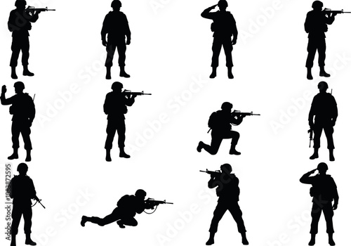 Collection of military soldier silhouettes in various poses including saluting, aiming rifles, kneeling, and crawling for army, war, and defense themed vector designs.