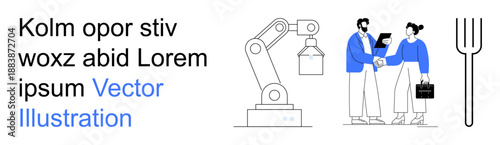 Business partnership, technological innovation, collaboration, robotics, teamwork, and industry automation. Robotic arm next to two business professionals shaking hands. Technological innovation