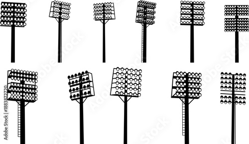Collection of stadium floodlight silhouettes on tall masts, featuring multiple powerful spotlights, essential lighting for sports arenas vector illustration set
