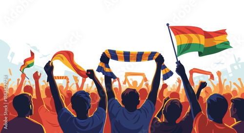 Crowds celebrating with flags and scarves at events, communities, lively atmosphere, illustrations, rear view.