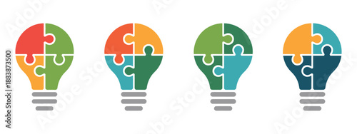 Light Bulb Puzzle Icons, Lamp Symbol with Jigsaw Inside, Business Concept Idea Strategy, Four Puzzle Pieces with Light Bulbs, Vector Illustration.
