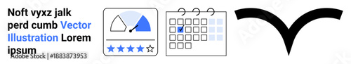 Customer feedback, consistency tracking, design elements, data analysis, business strategy, appointments. Gauge and calendar icons with a date marked, abstract black symbol. Customer feedback