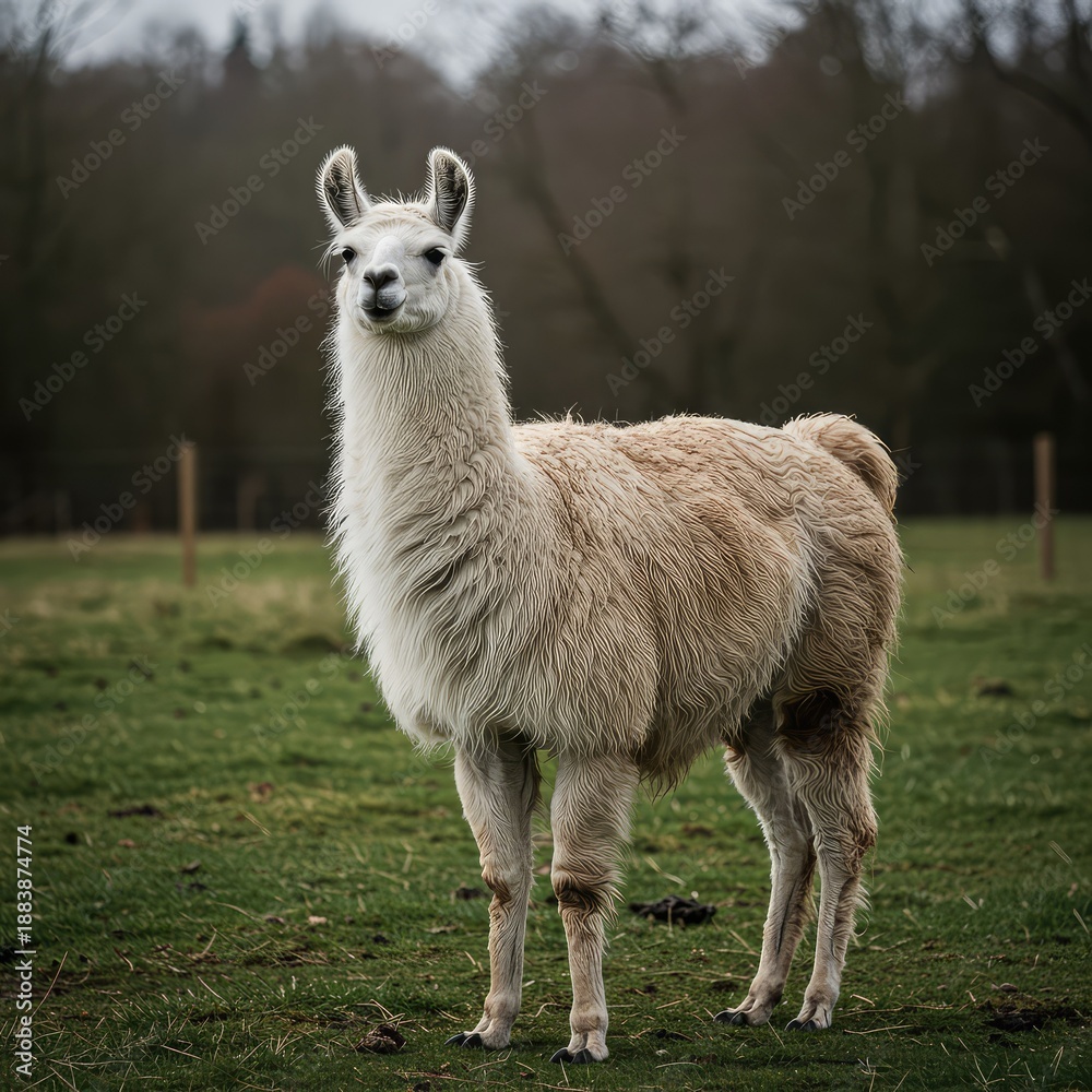 Fototapeta premium A majestic fluffy llama standing calmly in a grassy field, showcasing its thick woolly coat and characteristic gentle but watchful gaze ,habitat ,farm ,outdoors