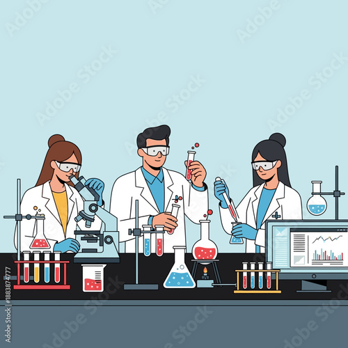 Scientists working in laboratory with test tubes, microscope, and computer