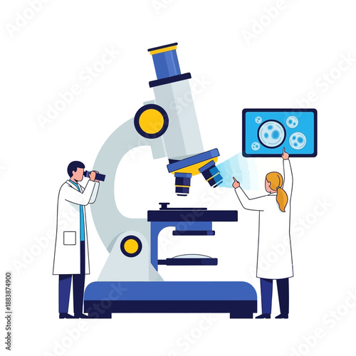Scientists Analyzing Cells Under Microscope with Digital Screen