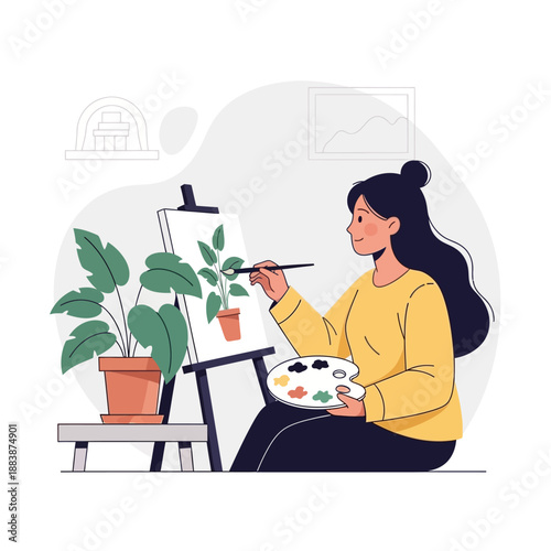 Woman painting a houseplant on canvas, artist inspiration, creative hobby, illustration