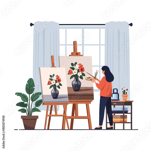 Artist painting flowers in vase on canvas, creative hobby, art studio