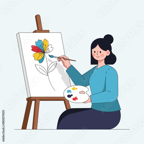 Artist painting a colorful abstract flower on canvas with easel and palette
