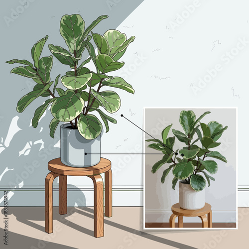 Fiddle Leaf Fig Plant in Pot on Wooden Stool with Sunlight Shadows