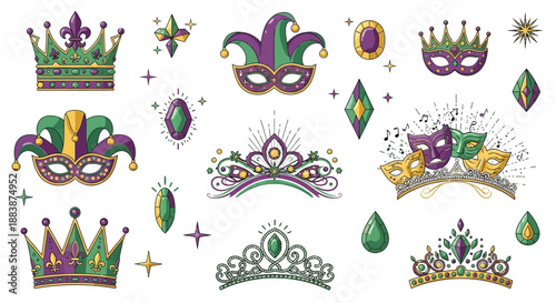 Colorful mardi gras elements including crowns, masks, and symbols arranged on a white background with a festive feel.