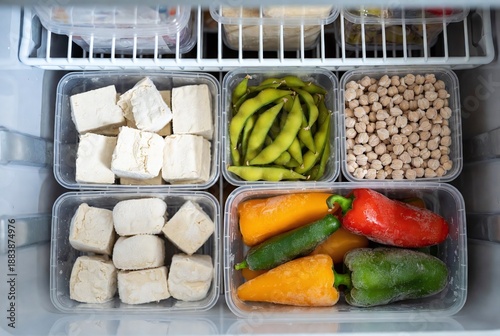 Healthy Eating and Organized Fridge: Meal Prep with Tofu, Edamame, Peppers, and Frozen Vegetables for Plant-Based Diet