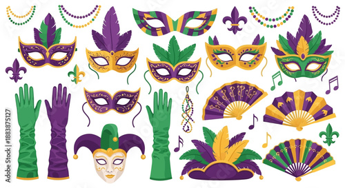 Flat lay of mardi gras themed icons and symbols, including masks, beads, gloves, and musical notes, on a clean white background.