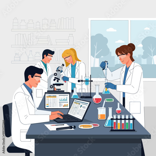 Scientists working in a modern laboratory, performing research and experiments with equipment.
