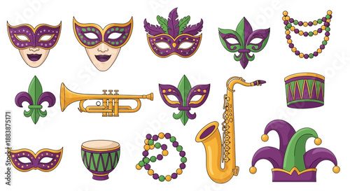 Flat lay of mardi gras elements including masks, beads, and musical instruments against a clean white background.