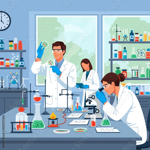 Scientists in Laboratory Conducting Research with Test Tubes, Microscope, and Petri Dishes