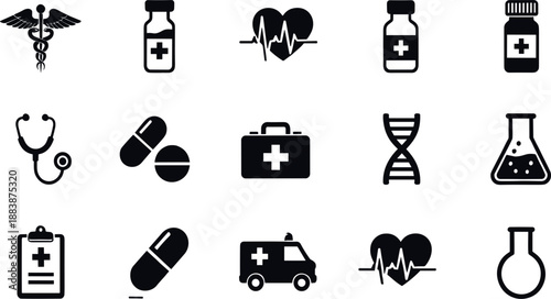 Comprehensive medical and healthcare icon set featuring Caduceus heartbeat first aid kit ambulance and pharmacy symbols isolated on white background for clinical design
