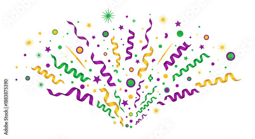 Colorful mardi gras elements including purple, green, and yellow ribbons, dots, stars, and other festive symbols arranged in a celebratory pattern against a white background.