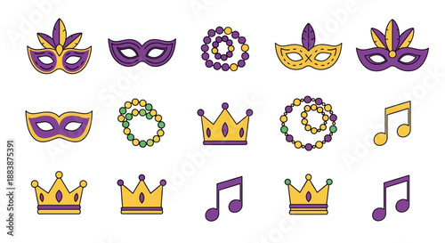 Collection of mardi gras icons and symbols including masks, crowns, wreaths, and music notes in purple, gold, and green on a white background.