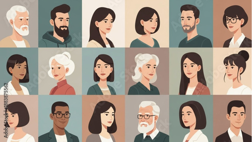Diverse Group of People Portraits in Flat Design Style.
