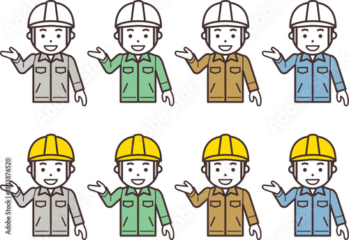 「こちら」と指し示すヘルメットと作業服を着用した男性のアイコン