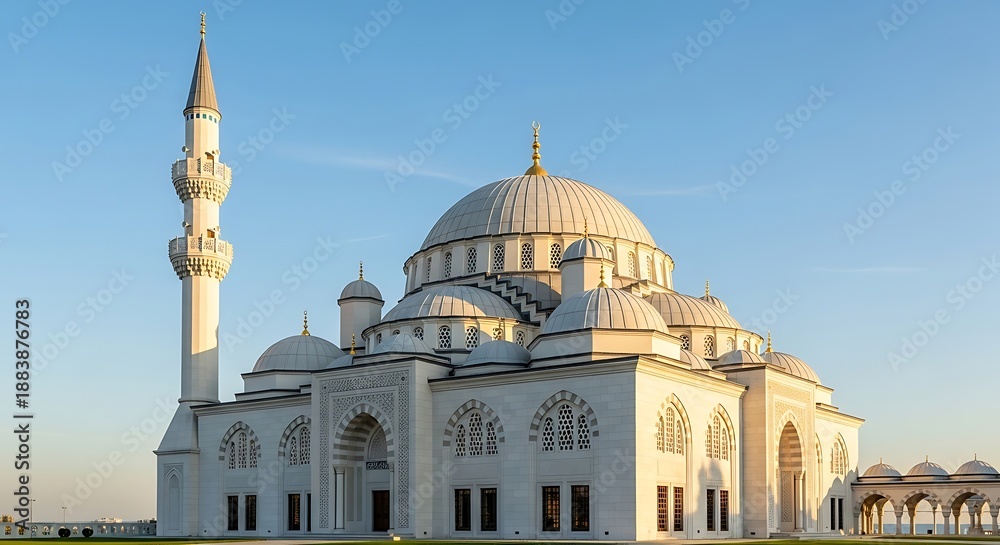 Obraz premium White Mosque Exterior with Minaret and Domes