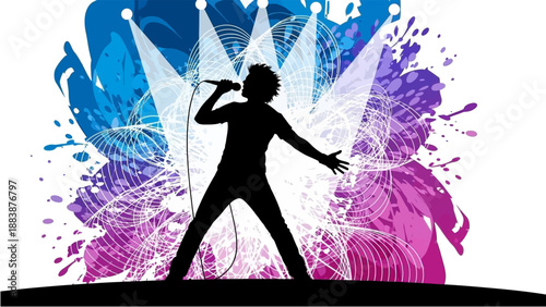Silhouette of a singer performing on stage under spotlights with a vibrant, abstract background.