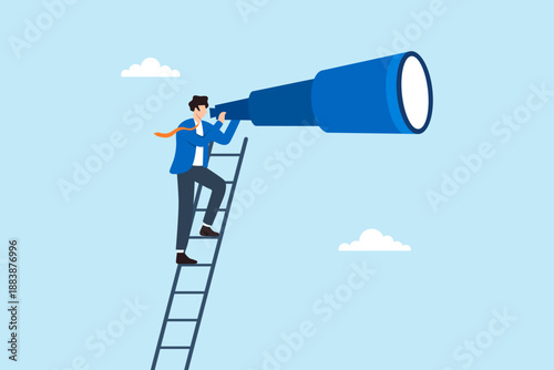 Flat illustration of businessman standing on ladder looking through giant telescope symbolizing future vision long term planning opportunity discovery strategic foresight and career direction