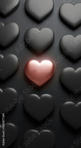 Heart Shape Passionately Glows Among Dark Grey Shapes.