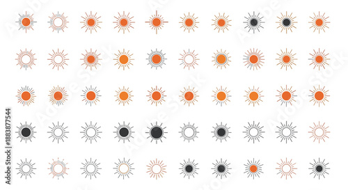 Comprehensive set of sun icons with radial rays in orange and dark grey colors for weather apps or summer branding.