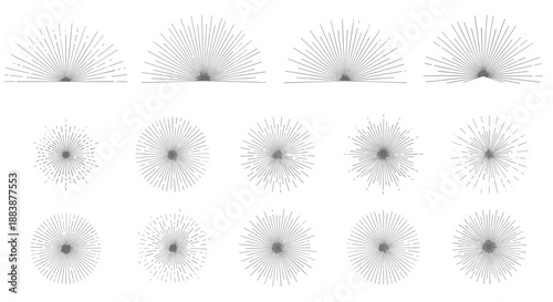 Selection of radiant sunburst patterns in both full and half circle designs perfect for retro sun and light ray graphics.