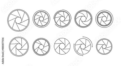Collection of camera lens shutter aperture icons showing different f-stop openings in black and white technical drawing style.