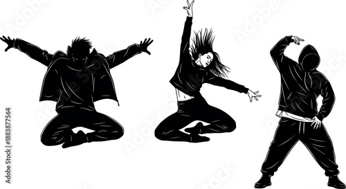 Dynamic street dancer silhouettes in expressive energetic poses including jumping and hip hop movements for music event and performing arts graphic design.