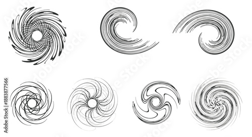 Selection of abstract black swirl and spiral shapes with textured lines creating a sense of movement or vortex.