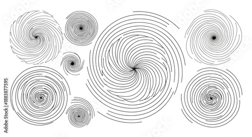 Abstract set of complex spiral shapes made of numerous thin black lines creating a hypnotic vortex effect.