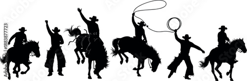 Action-packed cowboy and rodeo silhouette set with horse riders lasso throwers and bronc riding for Western theme and country lifestyle design.