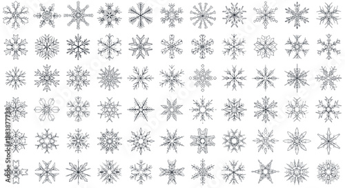 Large collection of hand drawn snowflakes in various intricate designs and styles perfect for winter season holiday graphics.