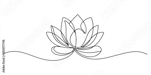 Continuous one line drawing of lotus flower. One line drawing illustration of beauty lotus flower. National vesak day concept single line. Continuous line, lotus, simple line, single flower line art.