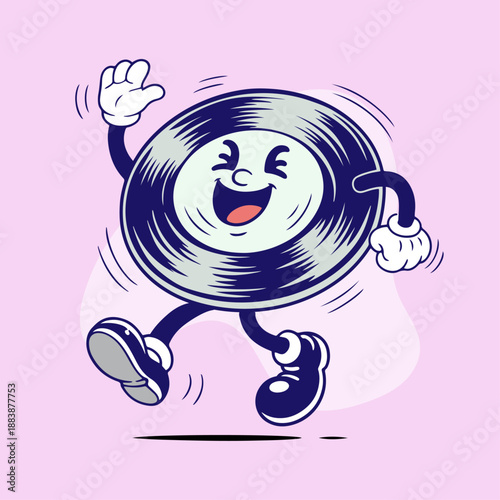 Retro Vinyl Record Character Dancing Joyfully with Wavy Lines on Pink Background