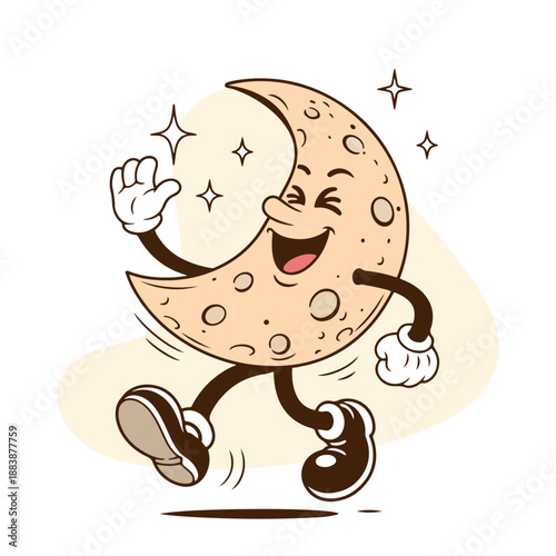 Happy Cartoon Moon Character Dancing with Stars and Sparkles, Retro Style