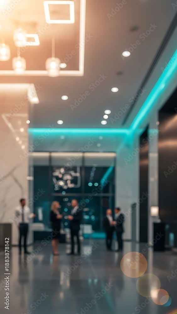 Fototapeta premium Blurred Business People in Modern Office Lobby with Blue Neon Light