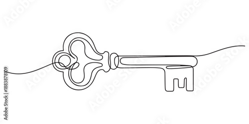 Key one line continuous drawing. Home key continuous one line illustration. Vector minimalist, security concept continuous line art. , continuous one line drawing of keys. Real estate
