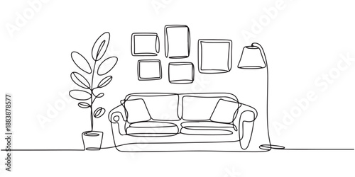 Continuous line interior with sofa, plant, lamp and frames for photo. One line drawing of Living room with modern furniture editable stroke. Single line. Handdraw contour. Flower in pot. Doodle vector