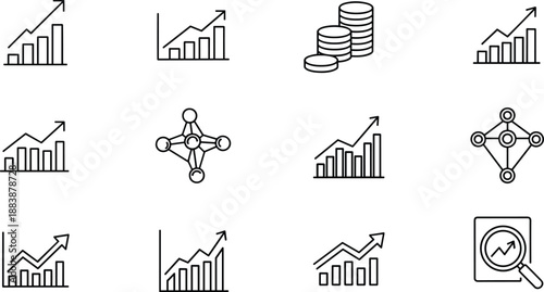 Business growth analytics icon set, finance charts, investment symbols, data analysis, marketing performance, editable vector line icons