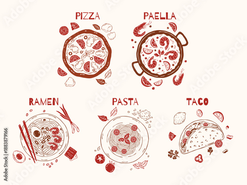 Vector outline set of world cuisine dishes: pizza, paella, pasta, ramen, and taco. Hand-drawn minimal lines, perfect for patterns, prints, packaging, and graphic projects