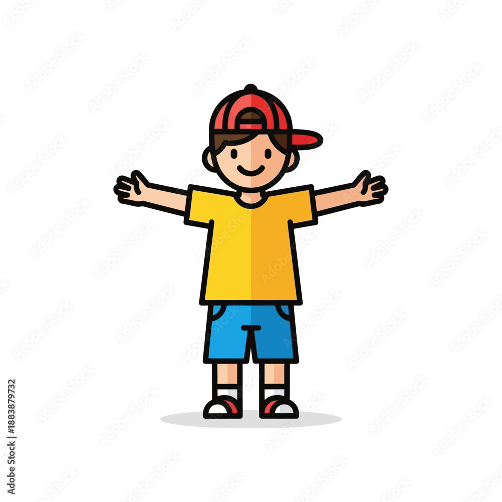 Fototapeta premium Cute Boy Character with Open Arms Wearing Cap and T-shirt, Vector Illustration
