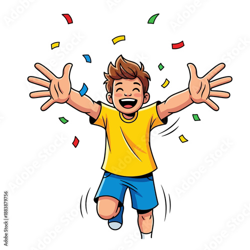 Joyful Boy Celebrating with Falling Confetti