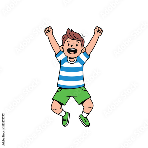 Excited Boy Jumping With Arms Raised in Celebration